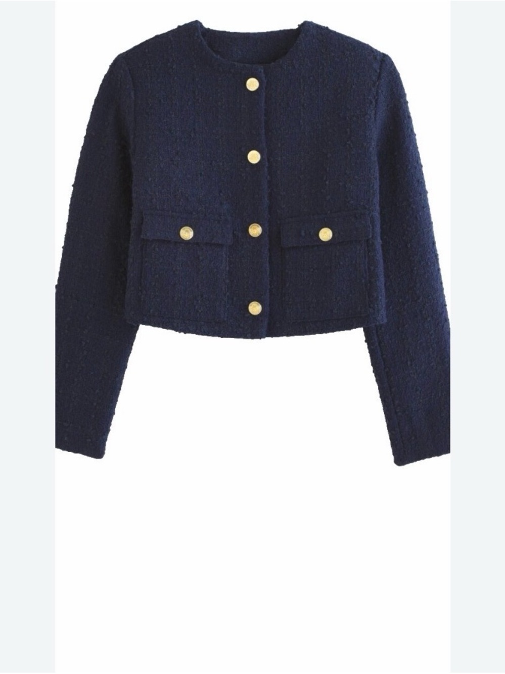 Abercrombie Classic Navy Cropped Bouclé Jacket and Skirt Set with Gold Buttons
